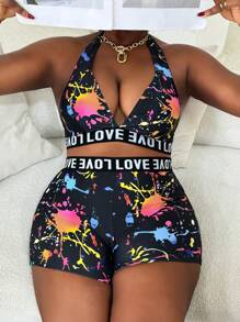 SHEIN Slayr CURVE Plus Size Dames 2-delige badmode, kleurrijke willekeurige letterprint, gewatteerde busteondersteuning, diepe V-top en hoge taille slip, strandvakantie bikini