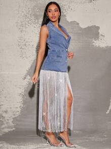 Vixey Stretch Denim Double Breast Fringe Hem Long Line Vest, Boho, Boho Women Western Wear Women, Cowgirl For Women, Concert Women, Country Women, Streetwear For Women, Country Concert, Festival - Light Wash - View 3