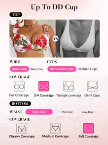 Swim DD+ Women Floral Print Ruffle Twisted Bikini Set Top & Bottom , Summer Beach Vacation
