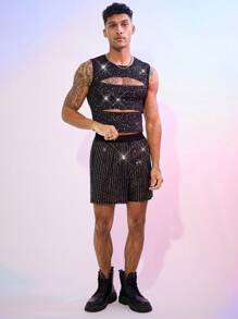 FeverCity Regata Cropped Masculina Sexy de Prata com Corte a Laser - Preto - Visão 2