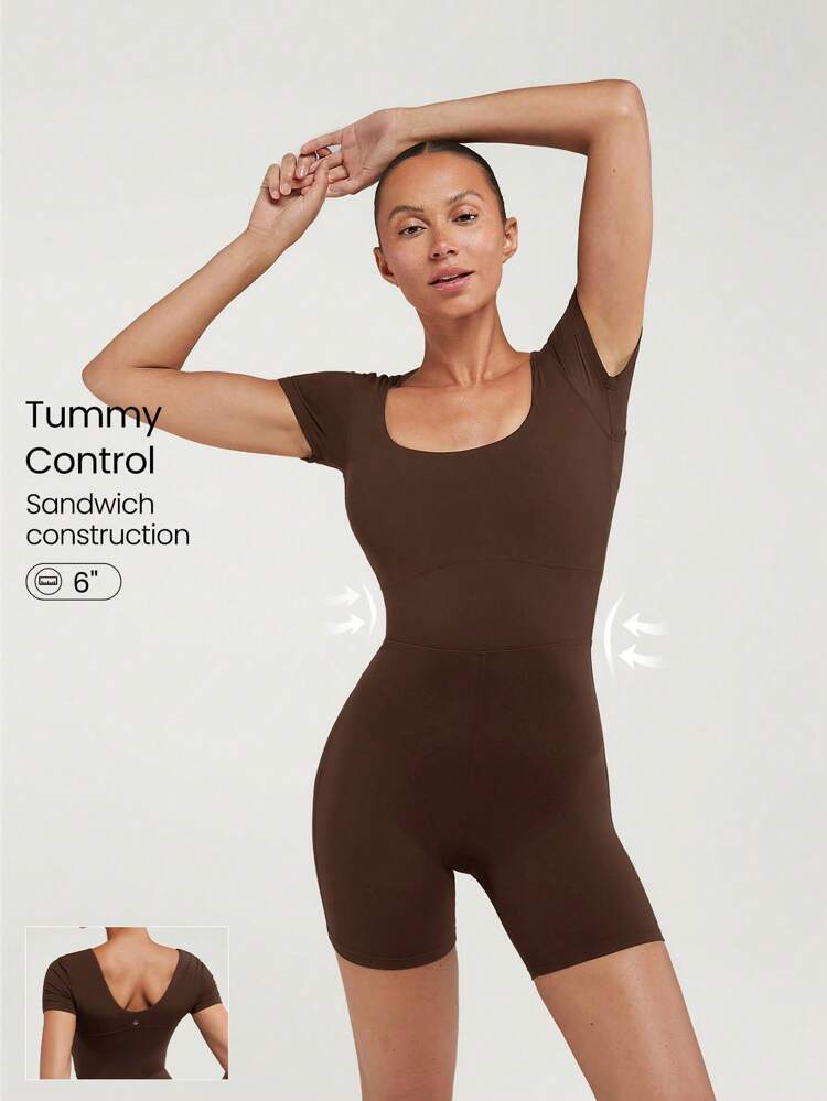 6" FeatherFit™ Tummy Control Square Neck U Back Jumpsuit Light Support Low Impact Yoga Pilates Studio Summer Spring