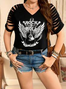 SHEIN LUNE Áo thun tay ngắn hở vai cổ chữ V thiết kế guitar & rock cho lễ hội âm nhạc, kỳ nghỉ hè cỡ lớn - màu đen - Xem 5