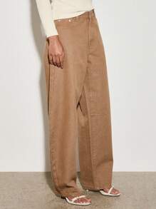 AiiRZ 超宽腿高腰直筒牛仔裤，复古休闲宽松风格，超大宽松版型秋冬时尚 - 卡其色 - 查看 5