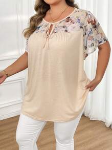 SHEIN CURVE+ 大码女式春季花卉印花系带撞色黑色衬衫 - 杏色 - 查看 5