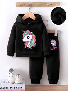 Bộ 2 món/Bộ áo hoodie dày in chữ và quần dài thời trang cho bé gái mùa thu/đông - màu đen - Xem 3