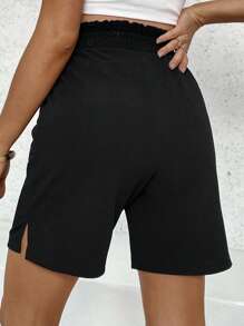 SHEIN Casual Black Ankle-Length Maternity Pants With Elastic Waistband, Side Pockets And Split Hem Design