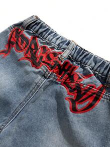 SHEIN Young Boy Distressed Washed Red Graffiti Pattern Retro Baggy Blue Denim Pants,For Kids Spring/Summer Clothes Outfits And Streetwear Outfits - Light Wash - View 7