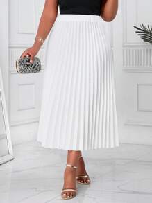 SHEIN Lady 春夏优雅通勤办公婚礼鸡尾酒会白色编织褶皱中长加大码半身裙 - 米色 - 查看 4