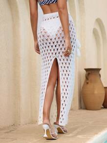 SHEIN Swim 女士优雅白色长款手工针织 3D 花卉图案海滩罩衫紧身裙