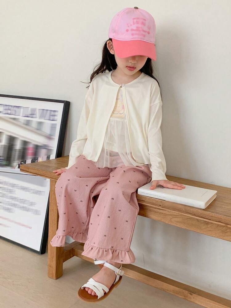 Young Girl Solid Color Drop Shoulder Long Sleeve Jacket And Cake Print Camisole Set