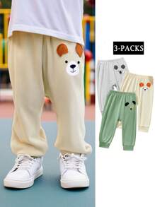 SHEIN 3 件套男婴可爱动物考拉熊和小狗印花耳饰休闲裤，百搭百搭长裤，莫兰迪混合，适合家居、休闲、户外活动、所有季节