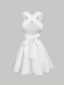 SHEIN MOD 女士休闲纯色交叉露背连衣裙 - 白色 - 查看 2