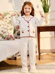SHEIN 2pcs/Set Young Girl' Minimalist Cute Apricot Cherry Embroidered Long Pants And Loose Long Sleeve Homewear Set