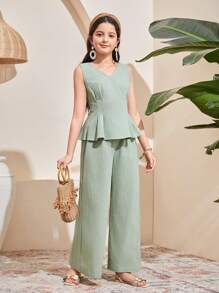 SHEIN 2 件 Tween 女童休闲纯色无袖衬衫和阔腿裤套装 - 綠色 - 查看 4