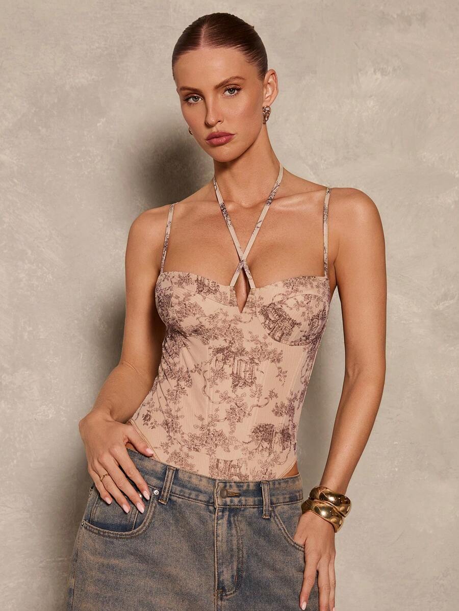 Glamine Vintage Floral Mesh Patchwork Underwire V-Neck Camisole For Women - Multicolor - View 1