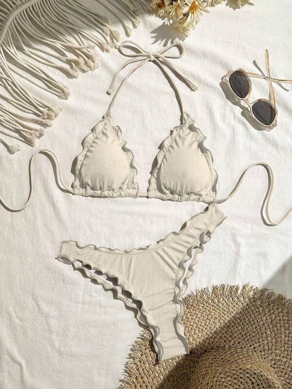 Swim Mod Women's Solid Color Sexy Ruffled Trim Bikini Set, Perfect For Vacation For Summer