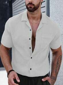 Manfinity Homme Men's Casual All-Match Solid Color Textured Short-Sleeved Shirt, Summer - White - View 4