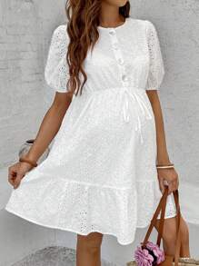 SHEIN Maternity Solid Color Embroidered Button Design Short Puff Sleeve Dress Cute Dresses For Women Summer Dresses For Woman Casual Dresses For Women White Dresses For Women Women Mini Dresses Summer Dresses For Women