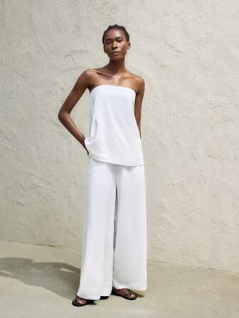 Maija 2pcs/Set Women's White Bohemian Vacation Strapless Top And Pants Casual Set