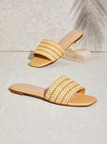 SHUZIA Sandalias planas de punta redonda con tira de rafia natural, un regalo ideal para el Día de la Madre - Beis - Ver 3