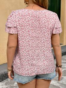 SHEIN VCAY 大码女式碎花 V 领短袖衬衫、度假装 - 彩色 - 查看 2