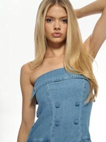 MISSGUIDED Strapless Bandeau Mini Dress Y2K Style Double-Breasted Button Detail Patch Pocket Summer Party Club Wear Fashion Statement Piece - Blue - View 4
