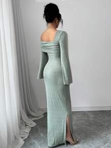 Modelyn Robe à manches longues en jacquard plissé à épaules obliques pour femmes - Vert - Voir 2