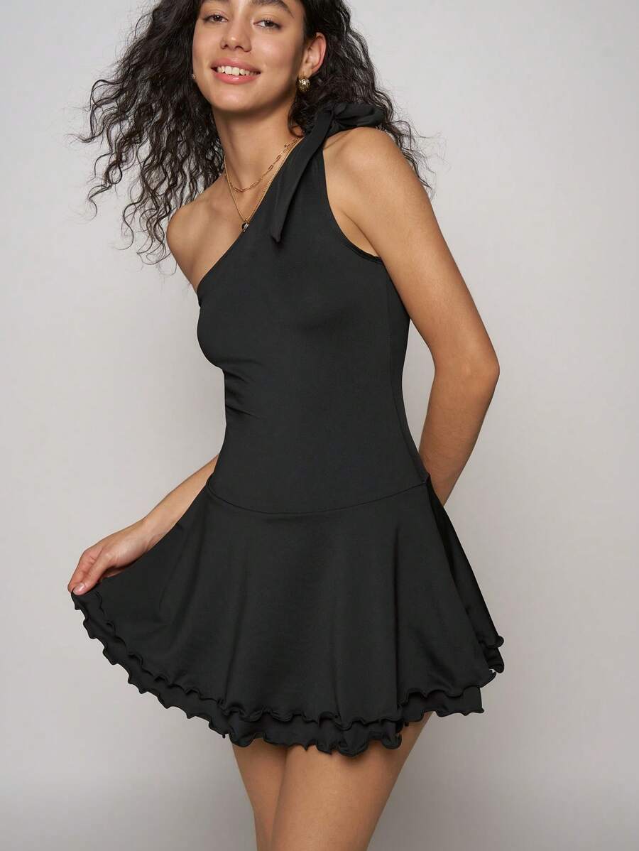 Easelle Black Knit One Shoulder Women's Mini Dress