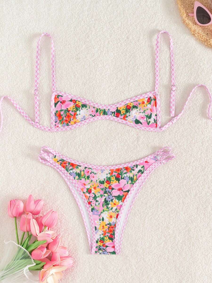 Swim Mod 2pcs/Set Women's Summer Random Print Spaghetti Strap Tie Up Swimwear Top And Triangle Bikini Bottom, Fresh Beach Vacation Outfit - Multicolor - View 1