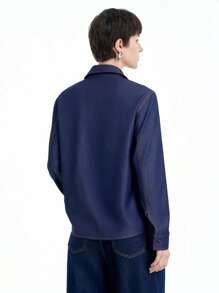 SHEIN Clasi 女式前扣长袖口袋休闲优雅衬衫 - 藍色 - 查看 2