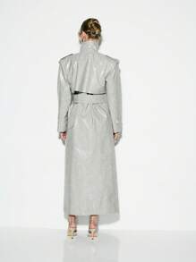 KIZN 设计师金属PU鳄鱼印花长风衣高级时尚背带大衣防水外套声明件 - 淺灰色 - 查看 2