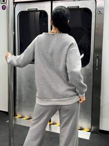 EURMUSE Chic & Cool Oversize Boat Neck Printed Brushed Back Sweatshirts - Grey - View 2