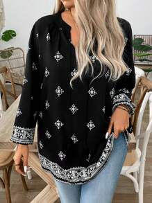 SHEIN LUNE Women's V-Neck Tie Lantern Sleeve Long Sleeve Fashionable Printed Versatile Plus Size Blouse