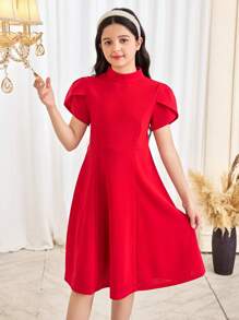 SHEIN Tween Girls' Elegant Backless Big Bow Buttoned Hollow Out A-Line Dress - Red - View 5