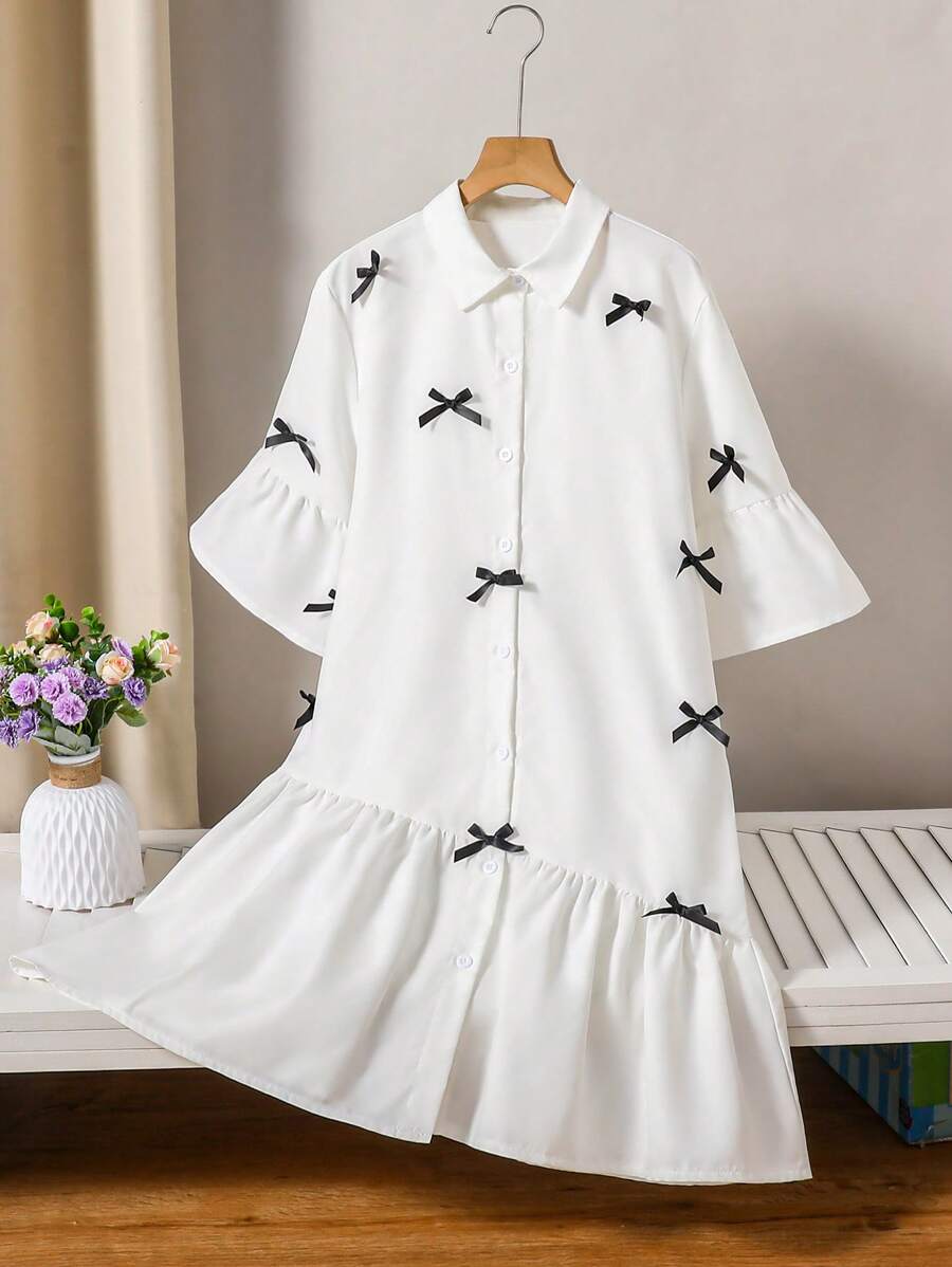 Teenage Girl Bow Decor Bell Sleeve Single-Breasted Ruffle Hem Shirt Dress - White - View 1