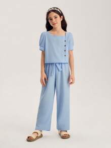 SHEIN Tween Girls Gigot Sleeve Button Decor Blouse And Detachable Belt Long Pants 2 Pieces Set - Blue - View 5