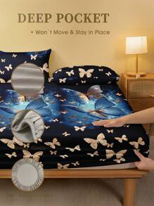 1Pc Gray Butterfly Flower Pattern Fitted Sheet, Tree Branches Mattress Protector, Valentine's Day Mattress Cover For Bed, Bed Sheet, Soft And Breathable, For All Size Bed -Twin, Full, King, Queen Size Sheet Deep Pocket Bed Sheets Home Textile - Navy Blue - View 2