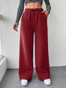 RueChic 女士纯色休闲红色运动裤，简约时尚，适合日常穿着 - 酒紅色 - 查看 1