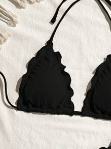 Swim Mod 女士纯色性感高弹力荷叶边下摆比基尼套装，适合度假 - 黑色 - 查看 3