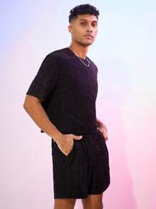 FeverCity 男士针织宽针织短袖T恤套装 - 黑色 - 查看 4