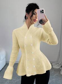 Elenzga Elegant Waist-Cinched Double-Breasted Ribbed Peplum Cardigan - Yellow - View 3