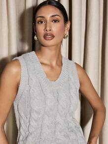 AiiRZ Luxury Cable Knit Sweater Vest And Maxi Skirt Set Elegant Winter Holiday Party Two-Piece Outfit Cozy Sophisticated Evening Wear - Grey - View 6