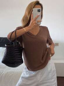 DAZY 女士纹理纯色短袖V领宽松休闲夏季上衣T恤，商务休闲女装，教师款 - 棕色 - 查看 5