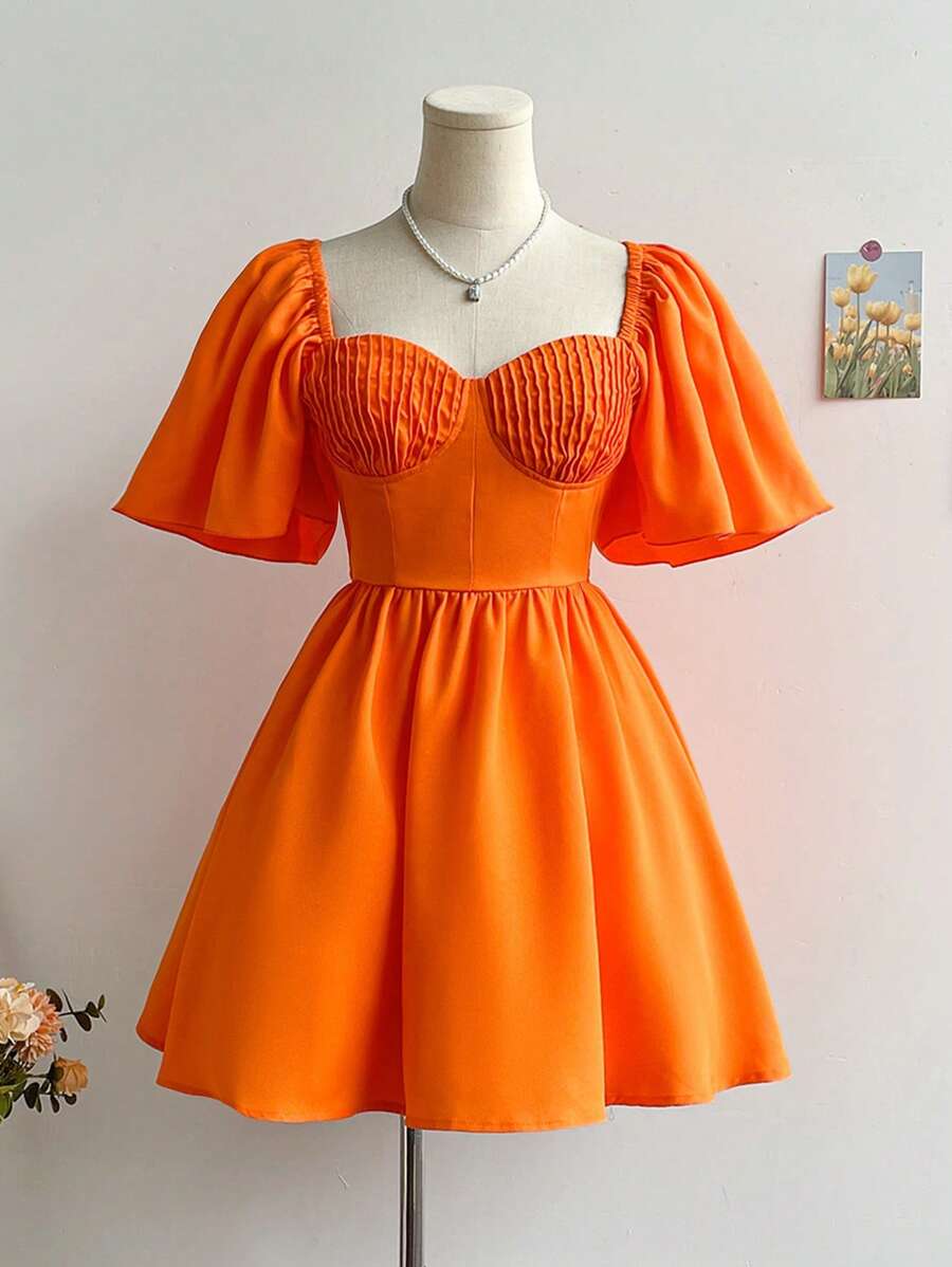Soleia Orange Strapless Shirred Waist Balloon Sleeve A-Line Mini Dress For Women,Dress For Women,Vacation Dress Women,Birthday Dress For Women,Mardi Gras,Spring/Summer Dress For Women,Music Festival Outfit Women,Easter Dress Women,Western Wear Women,Graduation Dress
