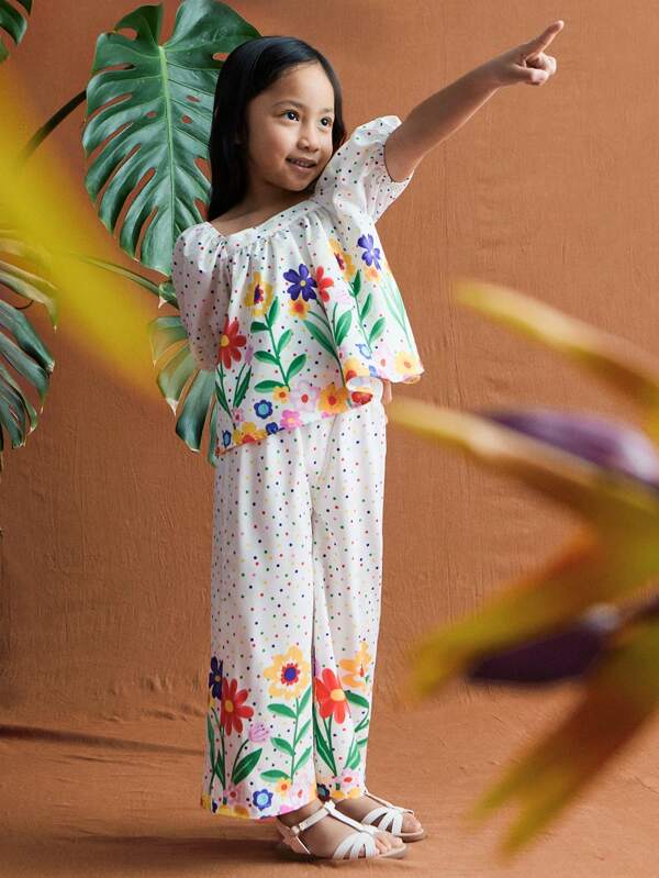 THE HAPPY LOOK Young Girls' Colorful Flower Polka Dot Square Neckline Puff Sleeve Loose Shirt And Colorful Flower Elastic Waist Loose Pants Sets