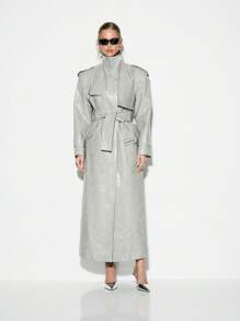 KIZN 设计师金属PU鳄鱼印花长风衣高级时尚背带大衣防水外套声明件 - 淺灰色 - 查看 1