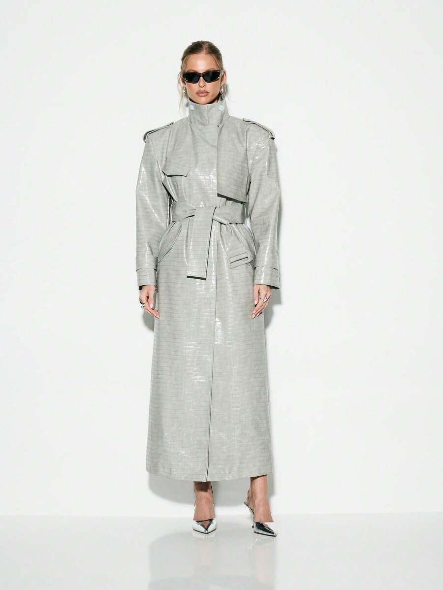 KIZN 设计师金属PU鳄鱼印花长风衣高级时尚背带大衣防水外套声明件 - 淺灰色 - 查看 1