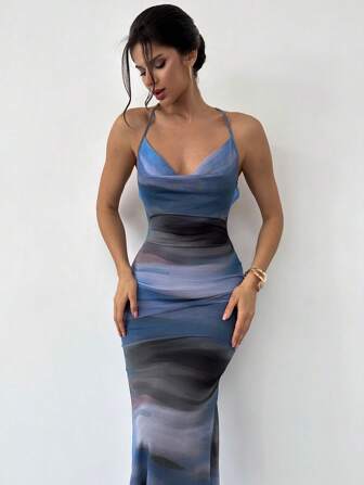 Firerie Women's Elegant Daily/Holiday Sexy Gradient Multi-Color Off-Shoulder Backless Tie Strap Mesh Sheer Midi Bodycon Slip Dress, Summer,Vacation Outfits Women