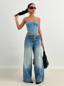 EURMUSE WOMEN WIDE LEG LOW WAIST JEANS BELT DETAIL - Light Wash - View 5