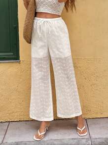 Calvaya Solid Color Embroidered Tie-Waist Straight-Leg Casual Pants